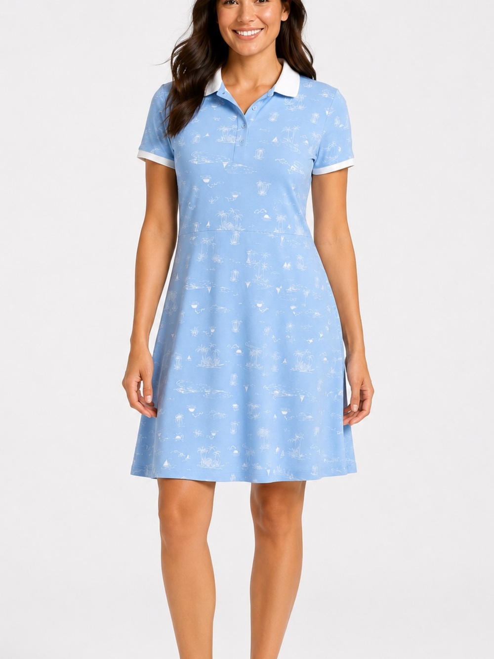 Lands End Polo Dress Womens Medium Blue Tropical Sailboat Coastal Preppy Summer